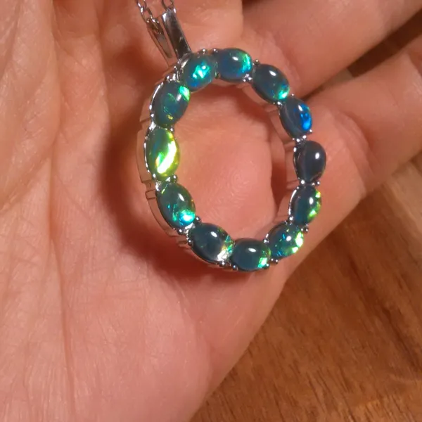 Green Color Simulated Opal Resin Stainless Steel Pendant Necklace - Image 10