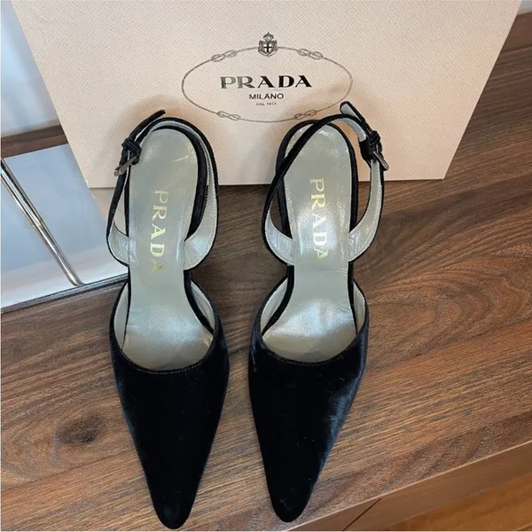 Prada Black velvet Slingback wedge Heels - Image 9