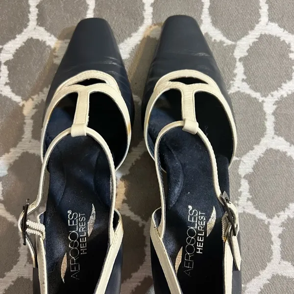 AEROSOLES Navy/Black and Cream Mary Jane Heels with Tapered Heel - Image 3