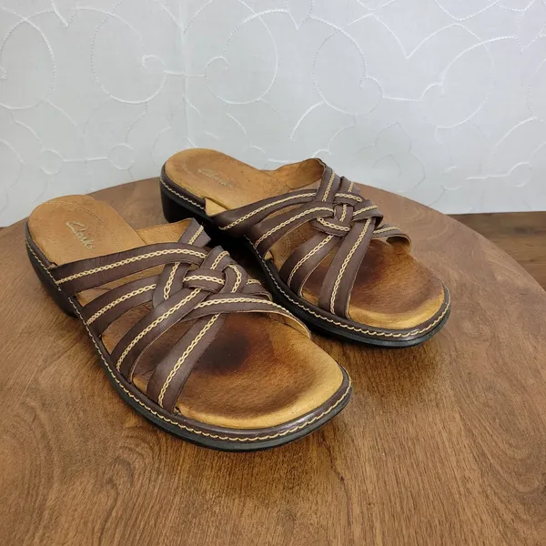 Clarks Womens Sandals Size 8M Brown Leather Open Toe Strappy Slip Ons 72678 - Image 2