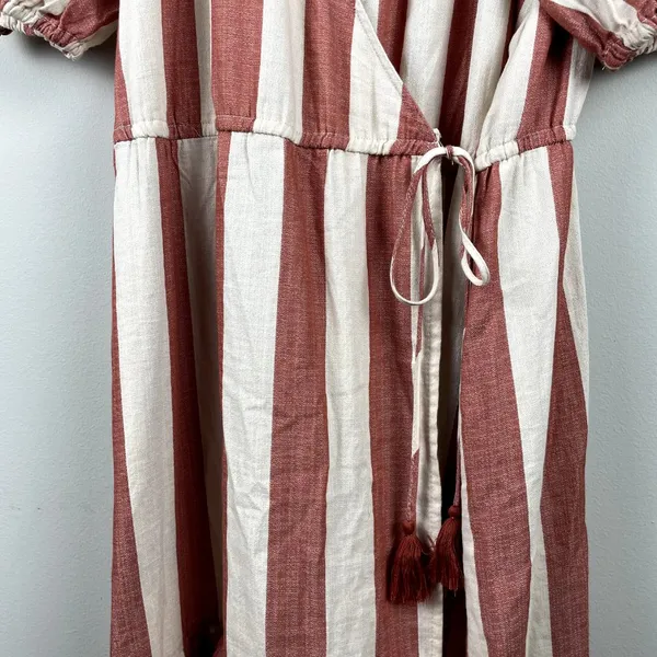 Knox Rose Wrap Dress L Maxi V-Neck Striped Cream‎ Brick Tiered Short Puff Sleeve - Image 6