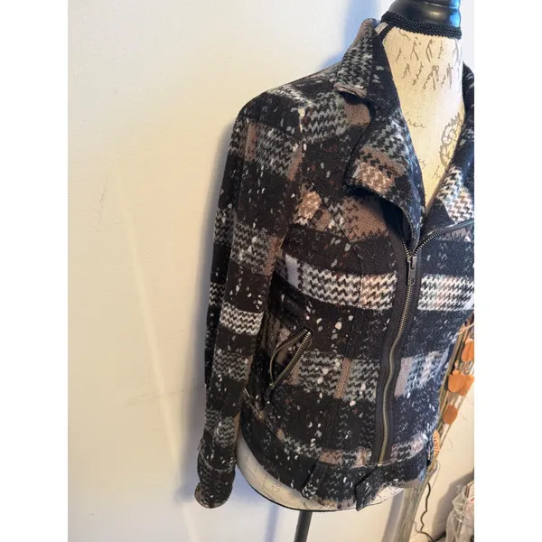 Free People Women 6 Plaid‎ Moto Jacket Black Brown Speckled Asymmetric Zip Knit - Image 3