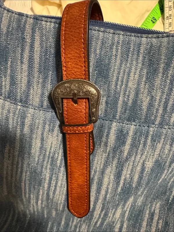 Denim Shoulder Bag with Brown Leather Accent Strap Blue - Image 5
