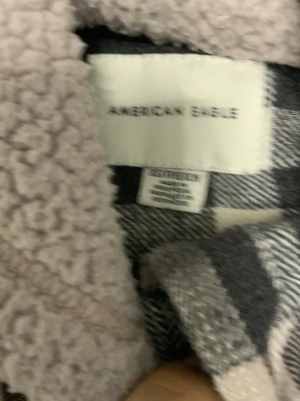 American Eagle Women’s Flannel XS Plaid Long Sleeve grey drawstring Button up - Image 2