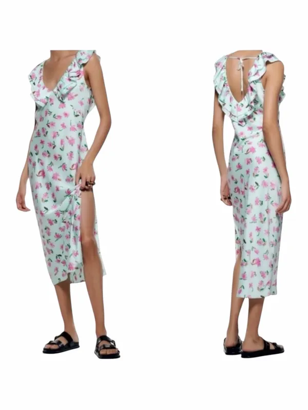 Zara Dress Women Medium Blue Pink Floral Satin Ruffle Trim Midi Slip‎ Dress Boho - Image 2