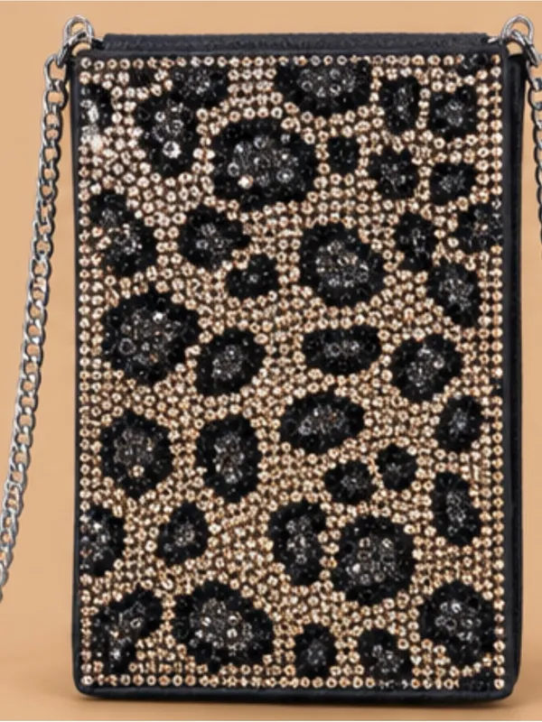 Leopard Rhinestone Crossbody Phone Bag Wallet Purse ID Pocket Silver Chain - Image 2