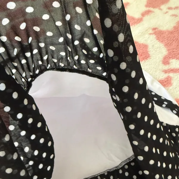 Vintage-Inspired Polka Dot Halter Mini Dress – Sheer Ruffle Hem 🤍🖤 Y2K Coquette / Balletcore XS-S - Image 3