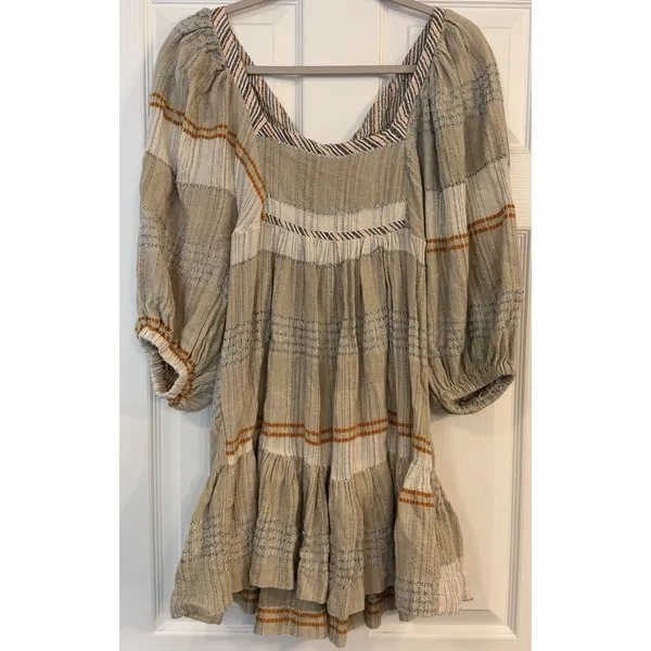 Free People Mini Dress Cozy Striped Puff‎ Sleeve Boho Fairy Sz S Open Tie Back - Image 3