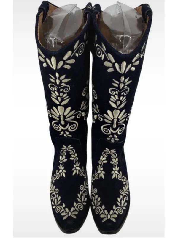 Women's Agave Sky Western Heeled Boots Navy White Embroidered Size 7 Boho Glam - Image 4