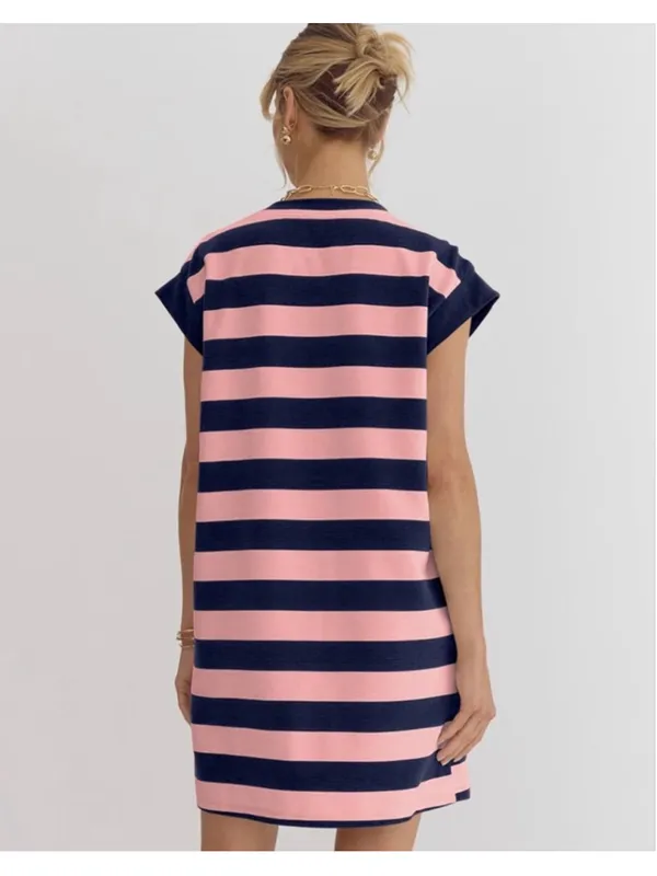 NEW Crewneck Loose Cap Sleeve Color Block Striped Tshirt Dress Pockets XL - Image 2