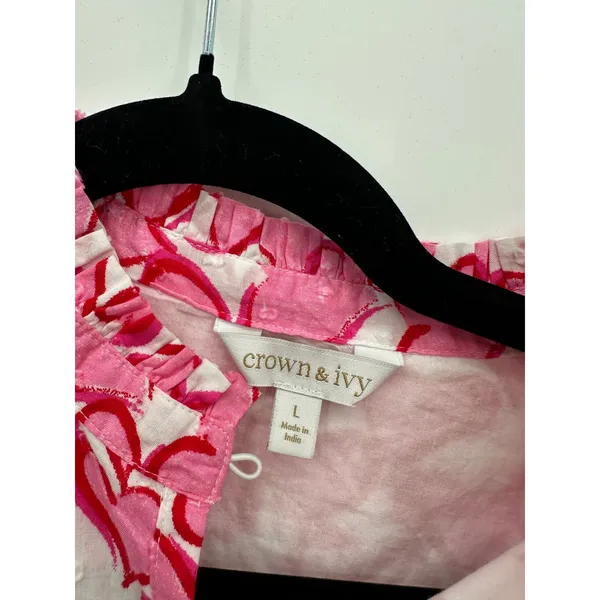Crown & Ivy Womens Large Pink White Heart Print Ruffle Clip Dot Cotton Blouse - Image 7