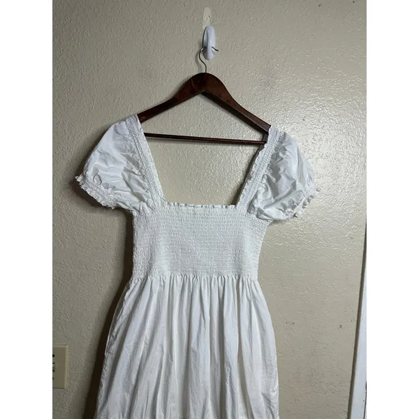 O.P.T Daphne Smocked Square Neck Puff Sleeve Cotton Dress size L Midi White - Image 7