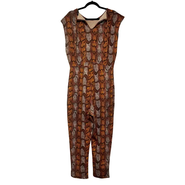 Boohoo Snake Print Cap Sleeve Tie Back Spandex Jumpsuit 12 Orange Tan - Image 3