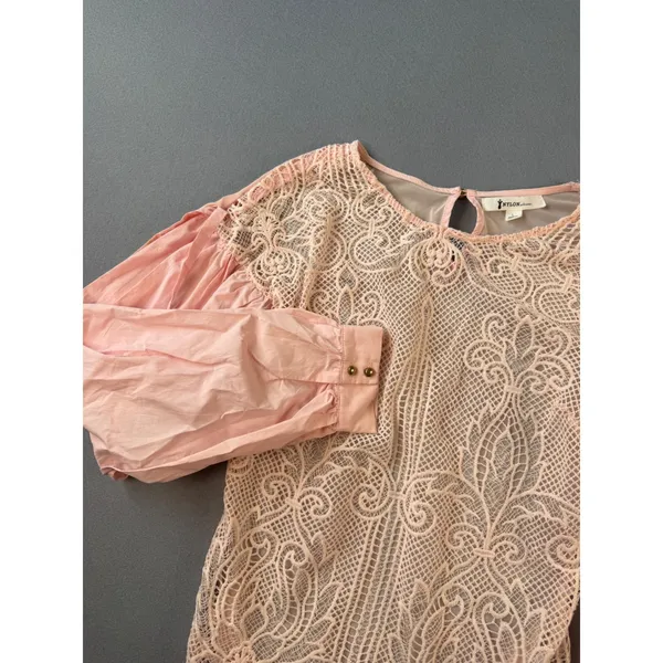Nylon Apparel Pink Lace Puff Sleeve Blouse Womens Large Romantic Crochet Top - Image 2