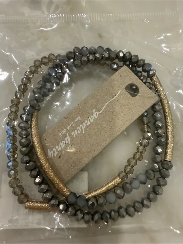 Gold and Gray Beaded Stretch Bracelet Set - Image 4