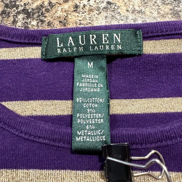 Lauren Ralph Lauren Top Preppy Academia Minimalist Metallic Stripe Purple Medium - Image 3
