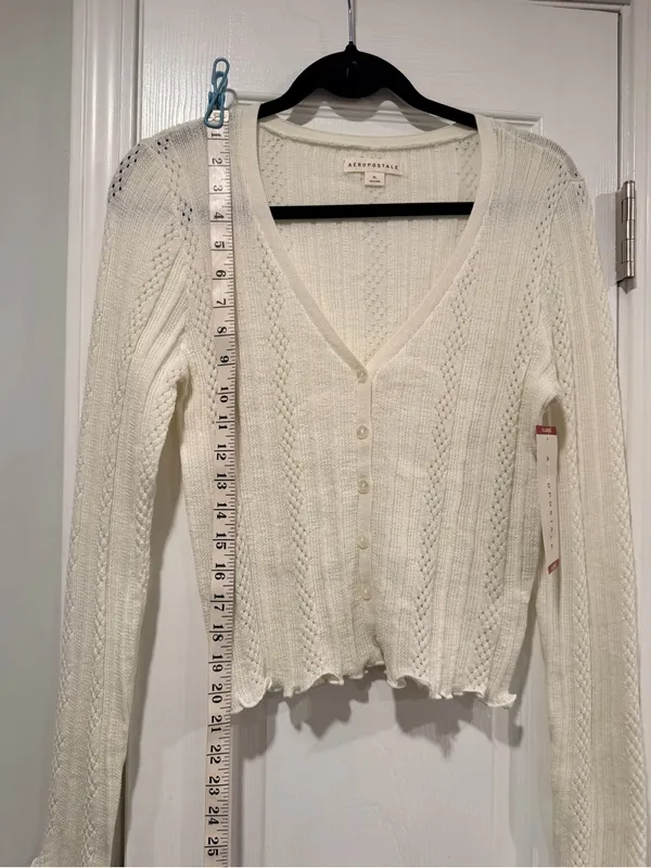 NWT Aeropostale Size XL Ivory Pointelle Knit Cropped Stretch Lace Cardigan Y2K - Image 11