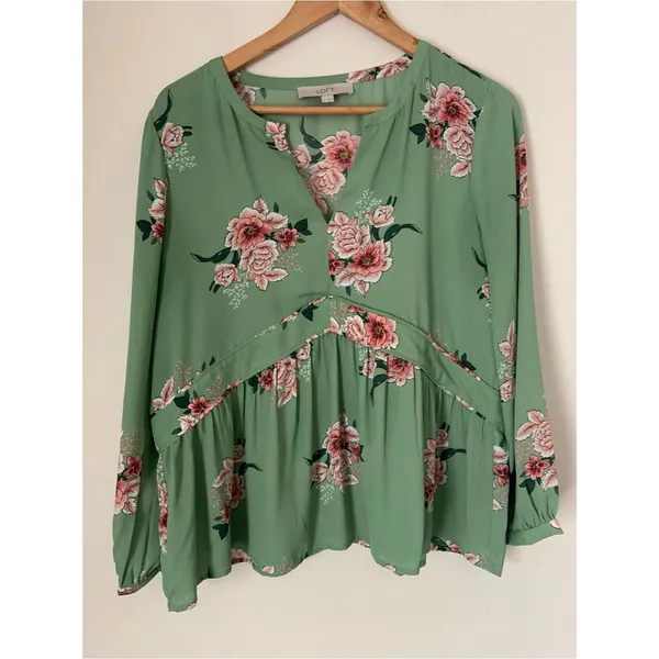 LOFT Green Floral V-Neck Peasant Long Sleeve Blouse Top Semi Sheer M Feminine - Image 2