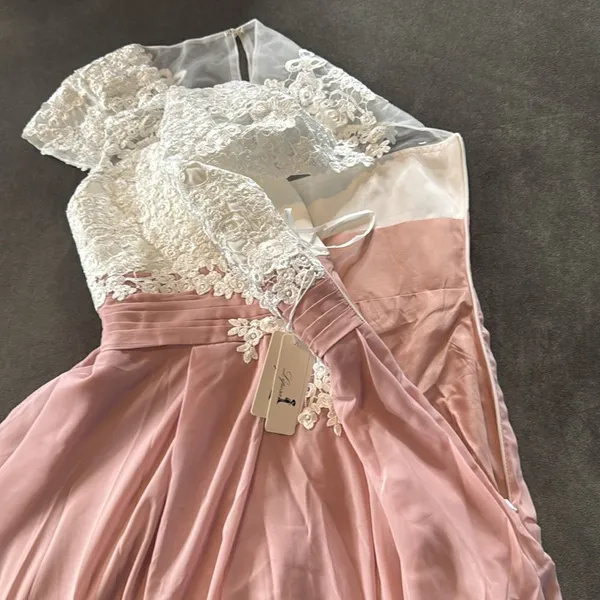 Women’s Ivory Lace Top Pink Chiffon V-Neck Cap Sleeves Formal Dress Size 10 NEW - Image 9