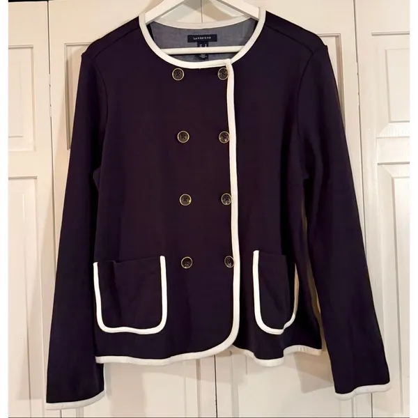 Lands End Blazer Cardigan nautical navy and white size 16 - Image 3