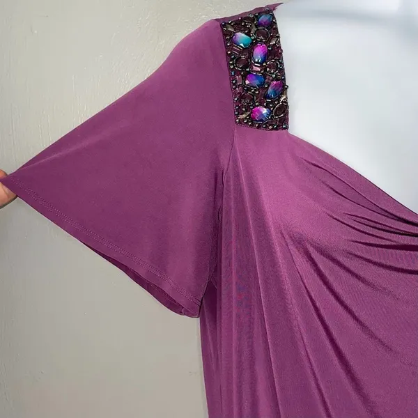 Maurices Going Out Top Plus Size 1 1X Dark Purple Slinky Knit Drape Neck Beaded - Image 3