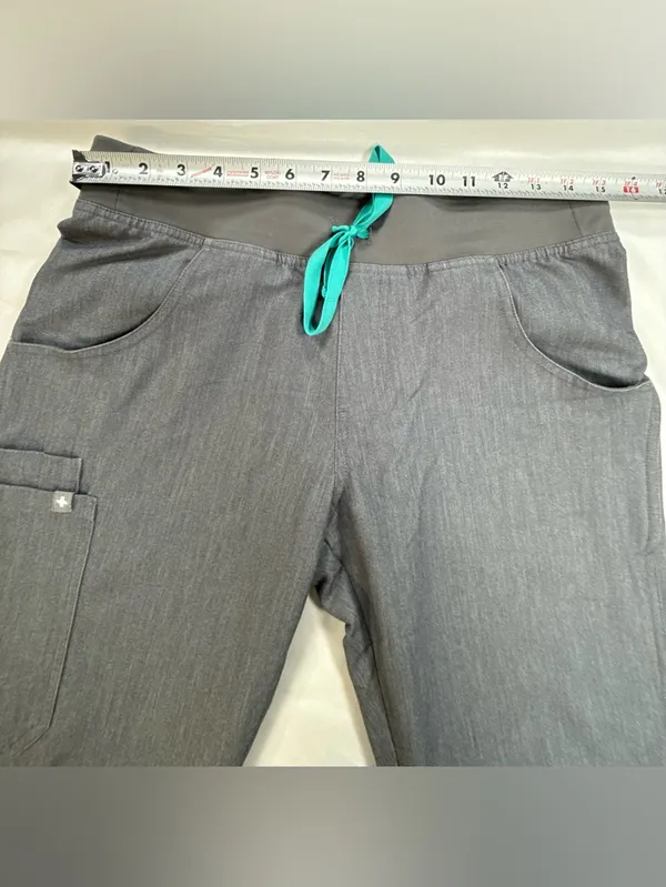 Figs Straight Leg Scrub Pants in Charcoal with Teal Drawstring - Image 4