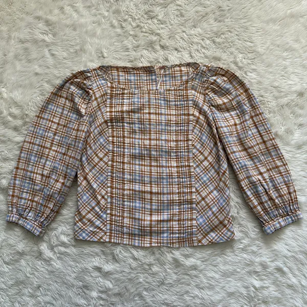 Free People Top Button Back Puff Sleeve Plaid Tan Blue S - Image 4