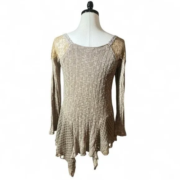 Scully Beige Lace Crochet Knit Asymmetrical Hem Forrest‎ Fairy Grunge Tunic Top - Image 3