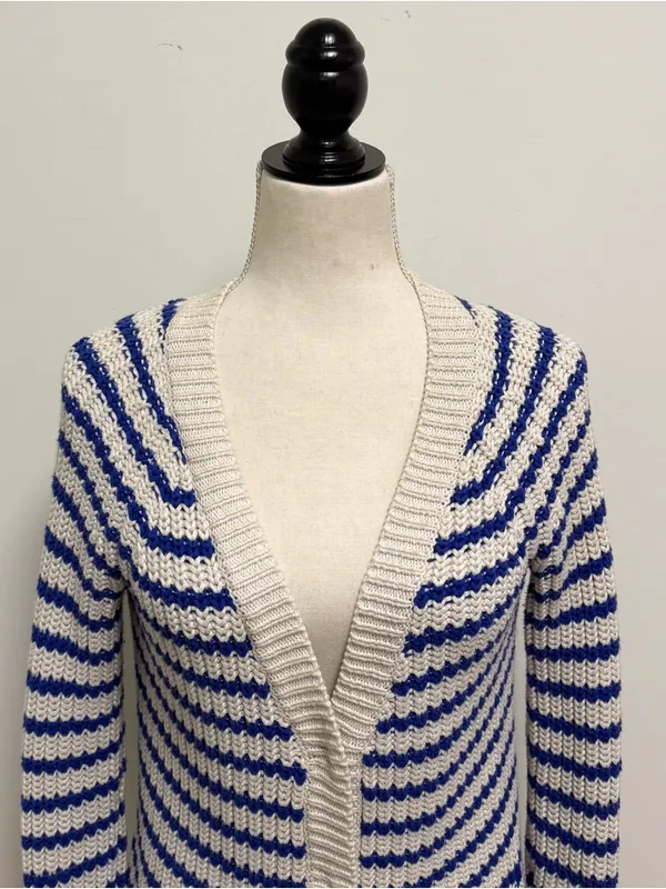 J Crew Cream Blue Purple Stripe Deep V Neck Snap Button Longer Sweater Cardigan - Image 2
