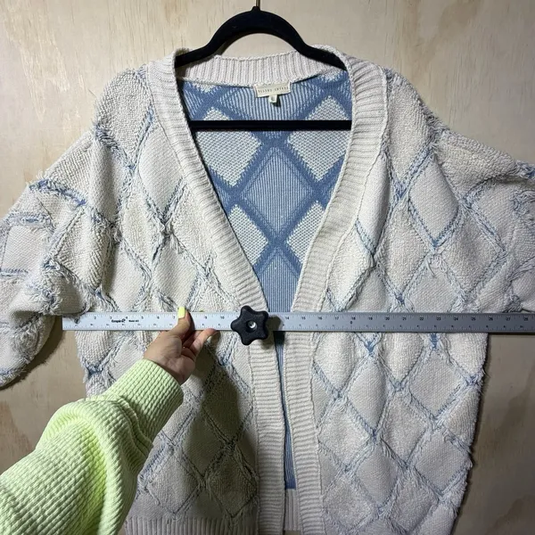 Gilded Intent Cardigan‎ Sweater L Blue Cream Chunky Knit Open Front - Image 8