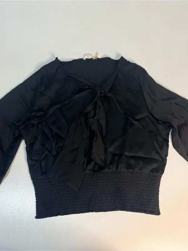 Plus-Size Black Tie-Neck Blouse with Smocked Waist - Image 3