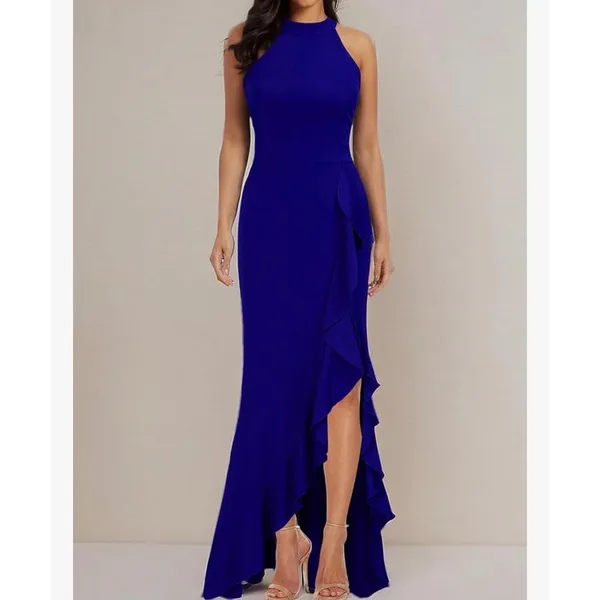 WOOSEA Royal Blue High Neck Ruffle Split Bodycon Mermaid Evening Dress size S - Image 3