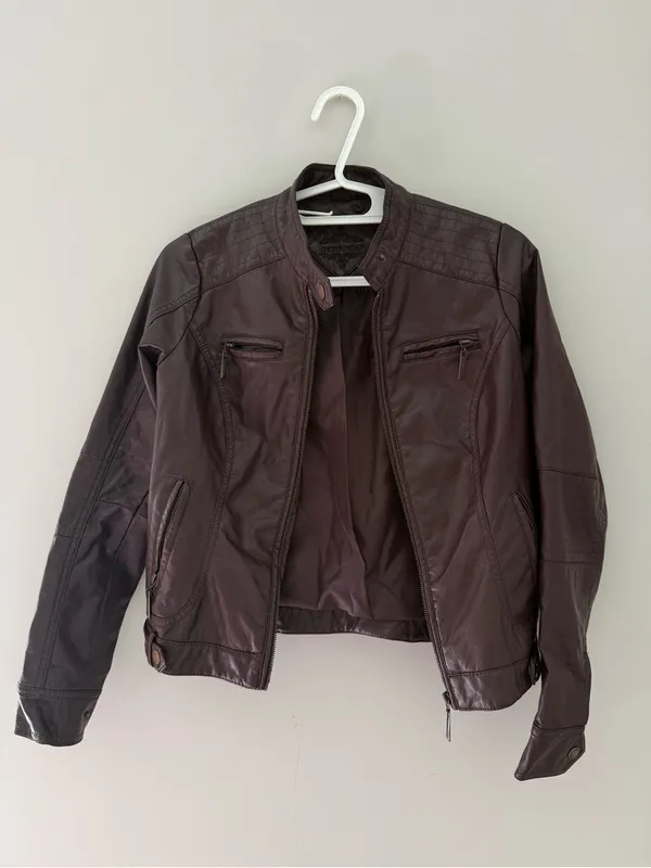 Jou Jou Brown Faux Leather Moto Jacket Zip Pockets Size XS - Image 3