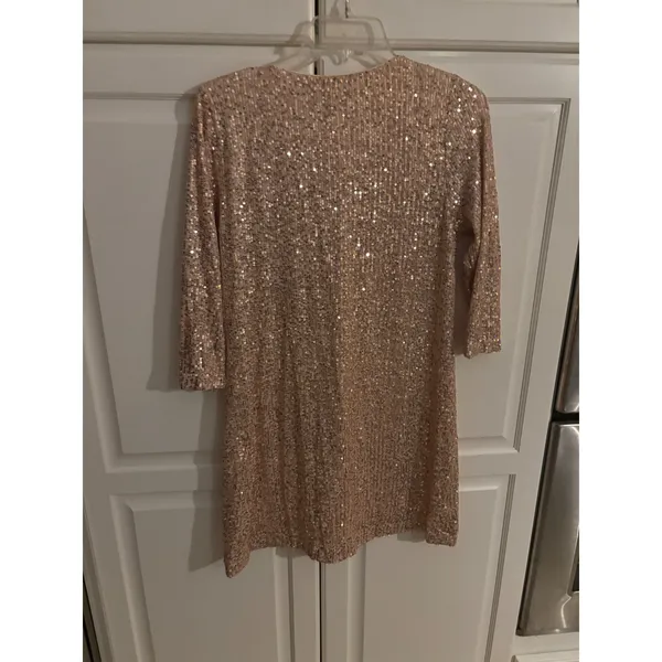 Lulus Rose Gold Sequin V-Neck Shift Mini Dress 3/4 Sleeve Small - Image 4