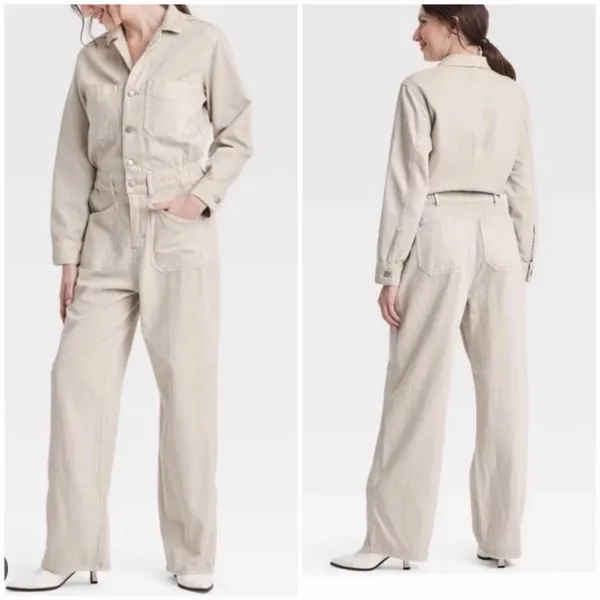 Universal Threads Utility Jumpsuit Women’s 6 Beige Wide Leg Button Front - Image 2