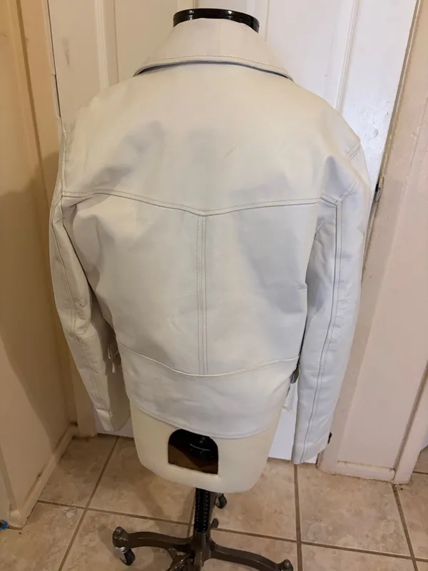 White Leather Moto Jacket with Asymmetric Zip - Image 4
