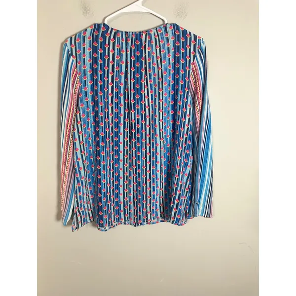Ecru‎ 100% Silk Blouse Blue Pink Geometric Striped Split Neck Long Sleeve Large - Image 6