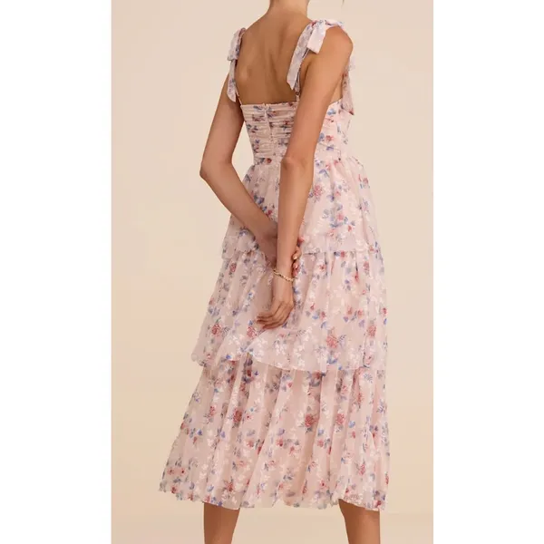 Lulus Flirtatious Radiance Blush Pink Floral Mesh Bustier Midi Dress - Image 3