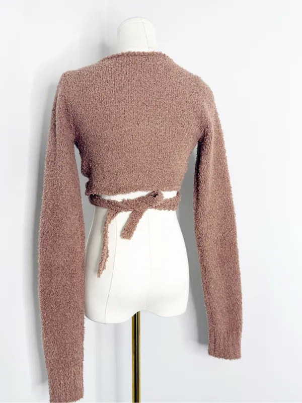 SKIMS Cozy Knit Wrap Sweater S/M Teddy Fuzzy Cropped Tie Front Brown - Image 4