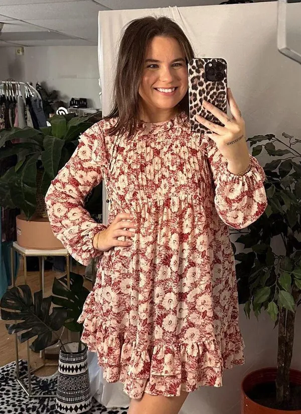 Free People These Dreams Red Floral Print Pleated Mini Dress in Tea Combo - Image 8