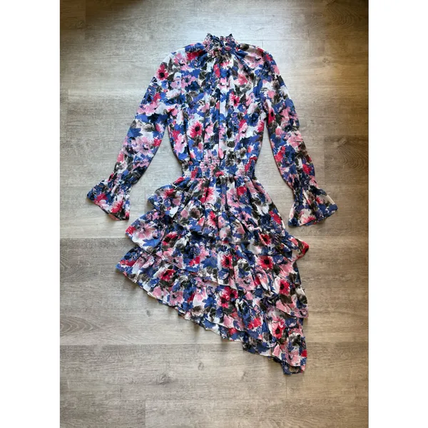 Misa Los Angeles Savanna Floral Asymmetrical Ruffle Layer Dress Size M Mock Neck - Image 4