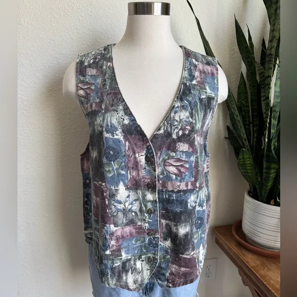 Vintage Painterly Floral Vest USA Made festival summer‎ spring - Image 9