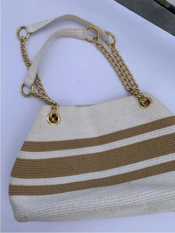 Straw Beach Tote Bag Woven Raffia White Tan Gold Chain Coastal Resort Purse - Image 7