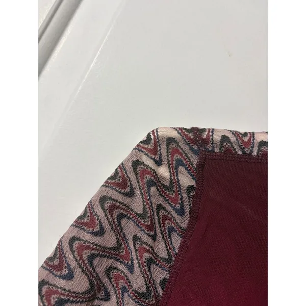 Free People Burgundy Mesh Mock Neck Top Chevron Lace‎ Long Sleeve Small - Image 6