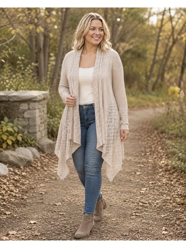 Dressbarn Petite L Beige Crochet Open Front Cardigan - Image 2