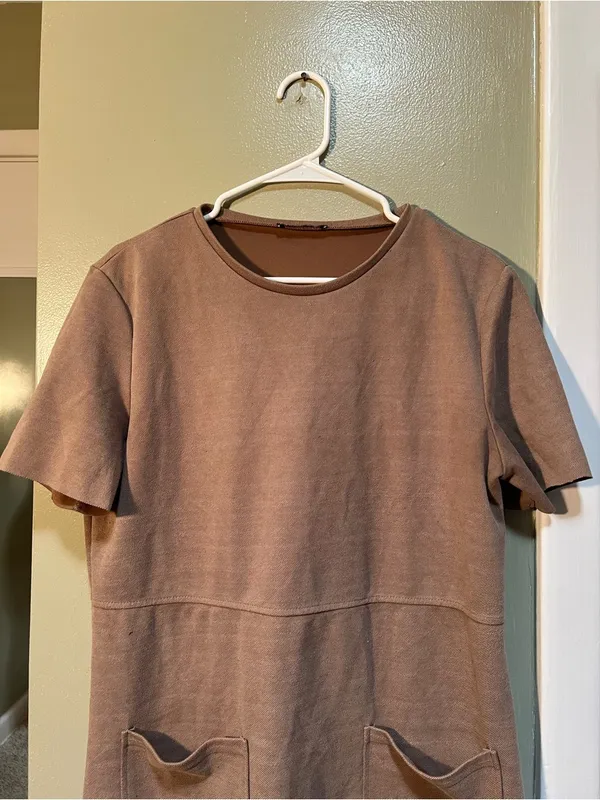 Zara Women's Size Large Short Sleeve Shift Dress Tan Brown Sweatshirt Crewneck - Image 3