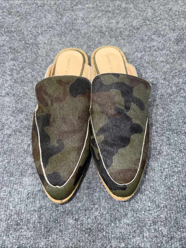 Very Volatile Camouflage Pointed Slip-On Hair Camo Mules in Olive and Black - Image 2