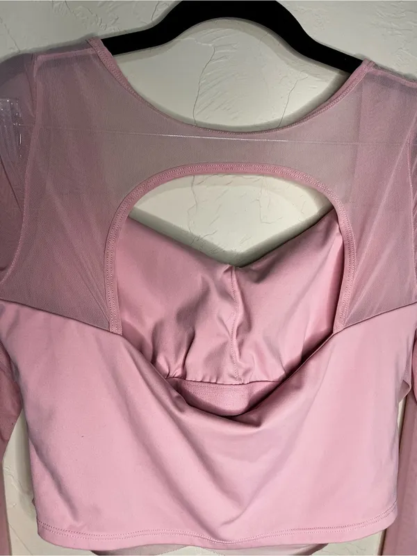 Laslulu Pink Mesh Crop Top Double Lined Athletic Back Cutout Top - Image 6