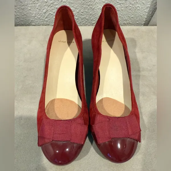 Cole Haan Burgundy Suede Patent Leather Bow Round Toe Wedge Loafers Size 7B‎ - Image 2