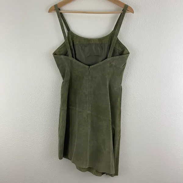 ARTURO Vintage 90s Army Green Suede Leather Grunge Asymmetrical Hem Mini Dress - Image 4